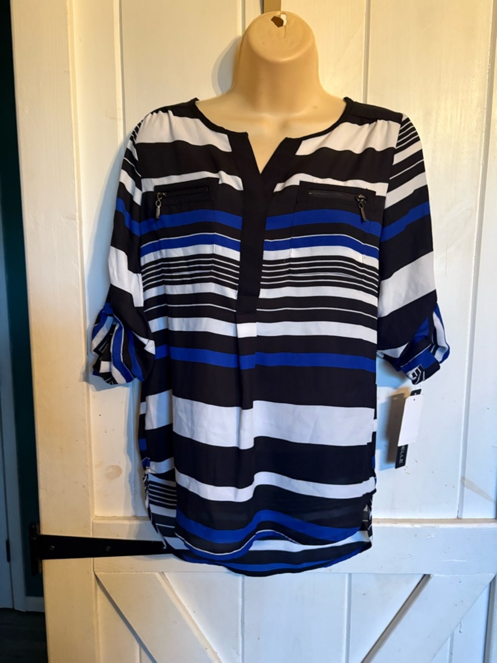 Kohl's Blue, Black & White Striped Roll-Tab Tunic